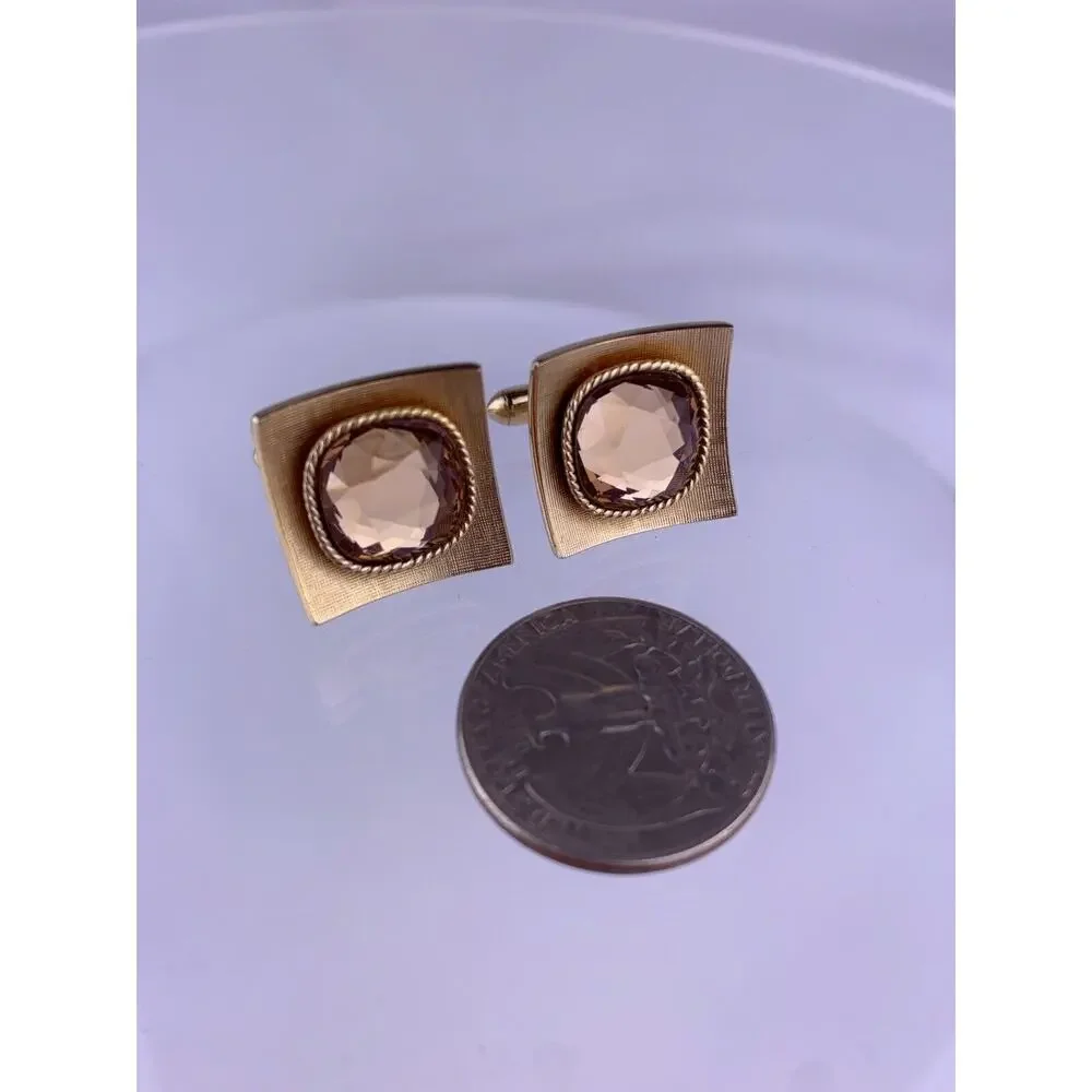 Brown Crystal Rhinestone Gold Tone Cufflinks Curved Statement Swank Vintage